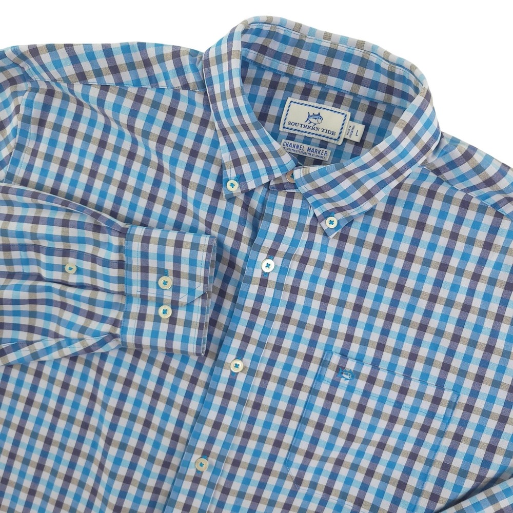 Southern Tide Flannel Shirt Mens L‎ Blue Check Long Sleeve Button Down Stretch